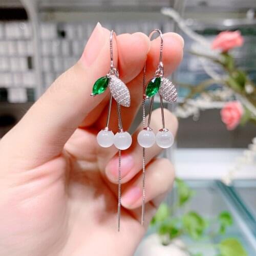 1Pair Silver 925 Earrings for Women 2021 Trend 925 Sterling Silver Earrings White Cherry Piercing Ear Cuff Long Hanging Earrings