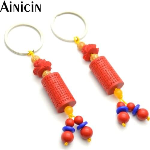 10pcs Chinese Tibetan Prayer Wheel Red Cinnabar Key Chains 10cm Chinese scriptures Words Carved Keyholder