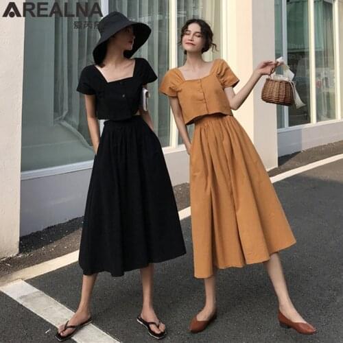 2 Two Piece Set Women Square collar Crop Top and skirt set Sexy summer outfits Cotton linen Tracksuit Women Conjunto Feminino