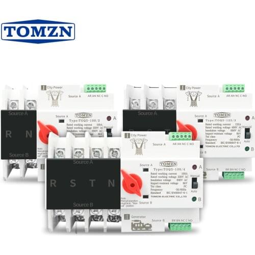Din Rail 2P 4P ATS Dual Power Automatic Transfer Switch Electrical Selector Switches Uninterrupted Power 63A 100A 125A TOMZN