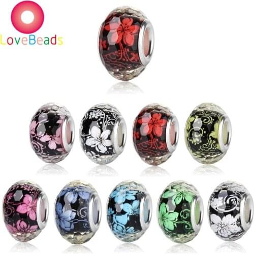 10Pcs Cut Faceted Flower Acrylic Resin European Charms Large Hole Spacer Beads Fit Pandora Bracelet Bangle Snake Chain Jewelry