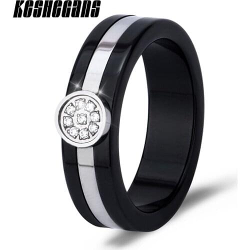 Black White Vintage Ceramic Ring Fashion Design Crystal Cubic Zircon Stainless Steel For Women Wedding Party Birthday Gifts