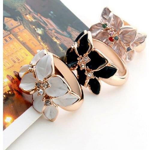 Gardenia Flower Ring Black White Delicate Crystal Painting Oil For Women Girls Wedding & Party Jewelry Rings Accessories Gift