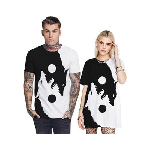 Yin Yang Wolf digital print womens plus-size T-shirt lovers loose European and American style short-sleeved round-neck shirt