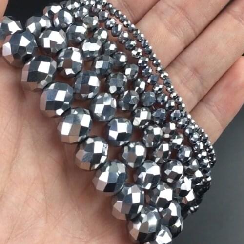 Faceted Silver Plated Glass Crystal Rondelle Beads Loose Spacer Beads For Jewelry Making DIY Bracelet 15'' 4/6/8/10/12/14mm