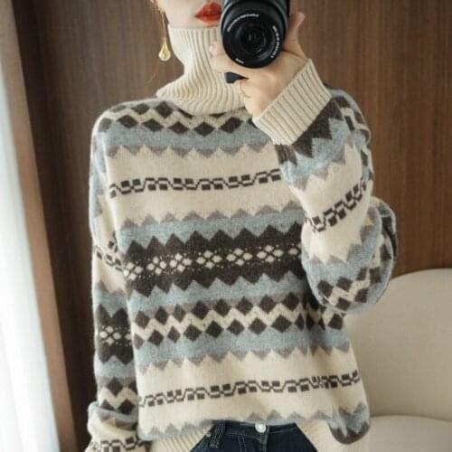 High neck cashmere sweater womens new loose bottomed color matching sweater in autumn and winter 2021 100% pure wool sweater