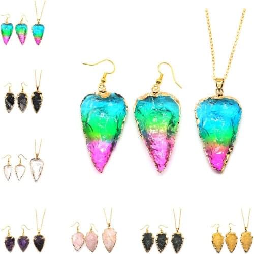 Popular Arrow Shaped Natural Stone Necklace Earrings Set Dubai Gold Bridal Party Women Jewelry Set 7 Colors GS021