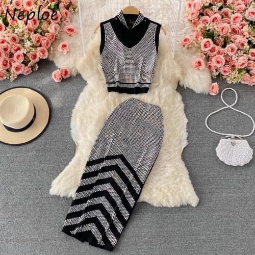 Neploe Sequins Patchwork Summer New Women Skirt Sets V-neck Sleeveless Crop Tops + High Waist Pencil Skirts Two-piece Suit Mujer