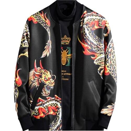 Hombre Chaquetas Negras Streetwear Bomber Autumn Big Size Dragon Print Vintage Jacket Coat Mens Jackets Jaqueta Masculina