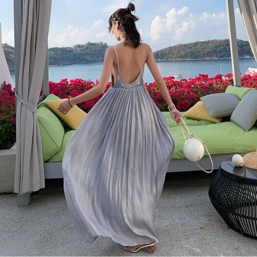 Summer Women Grey Sexy Backless Dress V-neck 2021 New Party Vacation Sleeveless Long Beach Dresses Korean Runway Female Vestidos