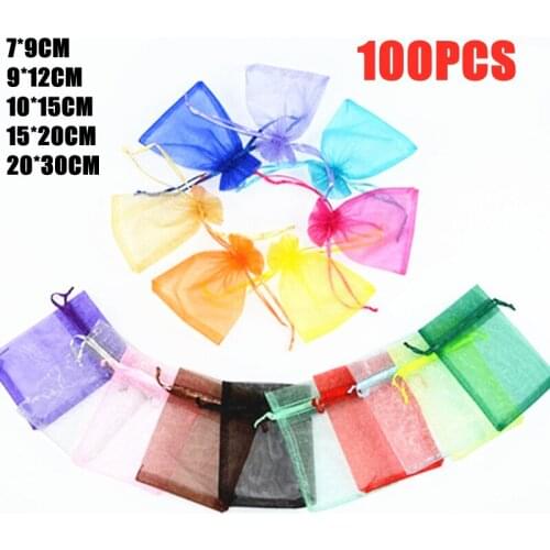 100pcs 7x9 9x12 10x15 20X30cm Drawstring Organza Bags Jewelry Packaging Bags Wedding Party Gift Bag Christmas Birthday Gift Bags