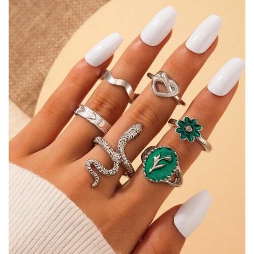 Tocona 6pcs/sets Punk Snake Silver Color Ring Sets for Women Men Charms Flowers Heart Wave Geoemtry Party Jewelry кольца 19640