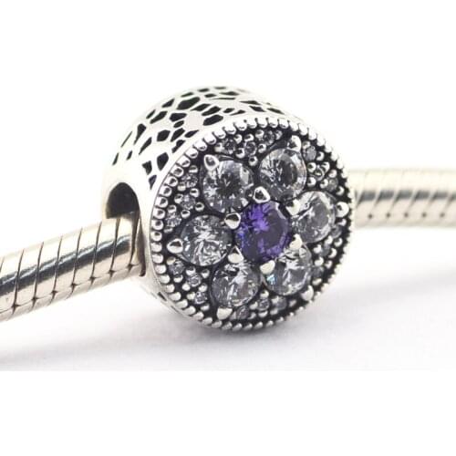 Forget Me Not Purple CZ Crystal Charm Fits Original Silver Chain Bracelets For Woman DIY Beads For Jewelry Making