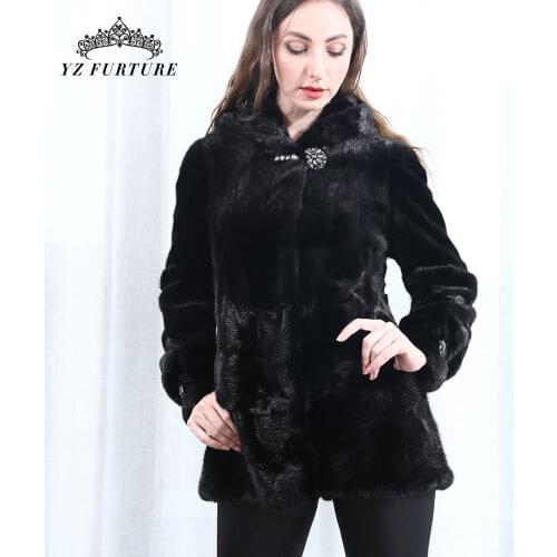 New Real Mink Fur Coat With Hood Samll Pieces Of Fur Natural Women Real mink Fur Outwear Jacket Genuine Winter Warm MKW-201
