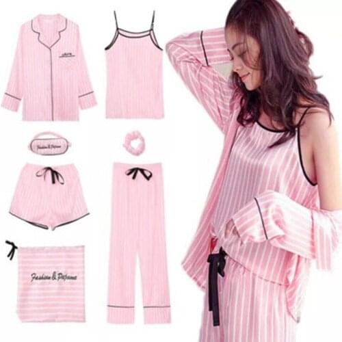 Pink Striped Pajamas Silk Satin Femme Pajama Set 7 Pieces/Set Stitch lingerie Robe pyjamas Women Sleepwear Mom Pjs kPaCotAkoWka