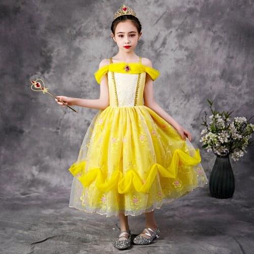 Princess Dress for Girls Belle Costume Sleeveless Suspenders Straight Shoulder Flower Embroidery Casual Fancy Children Dress