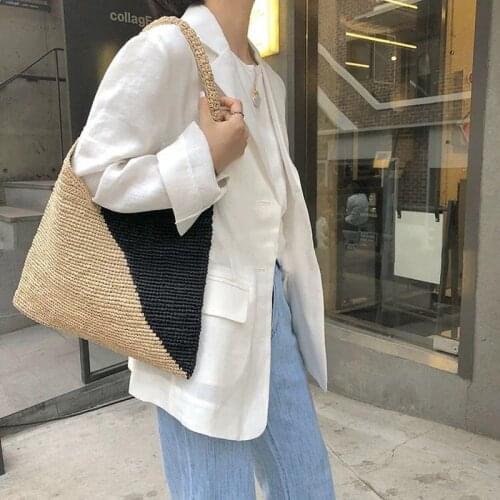 Casual Large Capacity Tote Raffia Bags Hand-Woven Straw Bag Patchwork Women Shoulder Bags Summer Beach Handbags Big Purses 2021