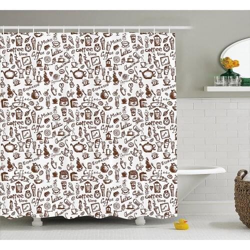 Coffee Shower Curtain Cool Drink Coffee Time Americano Mocha Espresso Heart Banner Cakes Cups Monochrome Bath Curtains