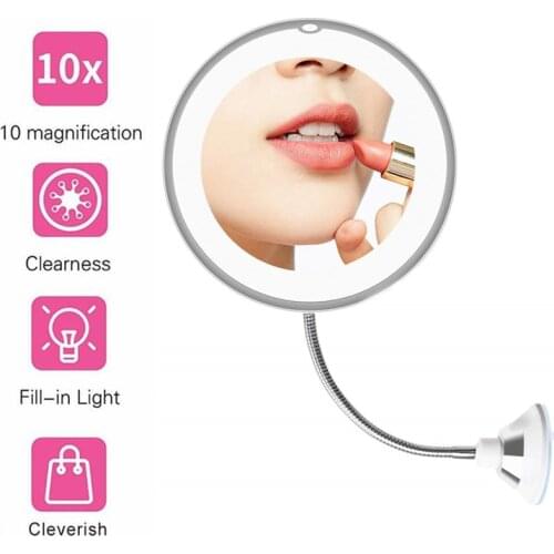 360 Degree Rotation 10X Makeup Mirror Magnifying Flexible Mirror Bathroom Folding Vanity Mirror with LED Light Makeup Tools