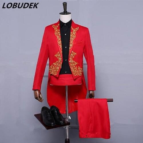 Jacket+pants) Male suit men singer costume embroidery tuxedo tailcoat Swallowtail blazer Magician host prom show stage wear