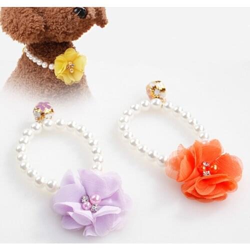 Pet pearl necklace collar collar dog cat flowers stretch Tactic small dog collar ornaments bell pearl necklace elastic collar