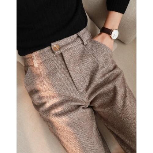Womens Pants 2020 Autumn Winter New Herringbone Pattern Thickened All-match High Waist Slimming Nine-point Trousers