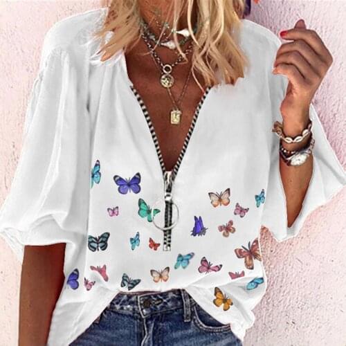 Women Beautiful Butterfly T-shirts Fashion Casual Zipper Printed Loose Button Tunic T-shirt Tops Summer Clothes For Women