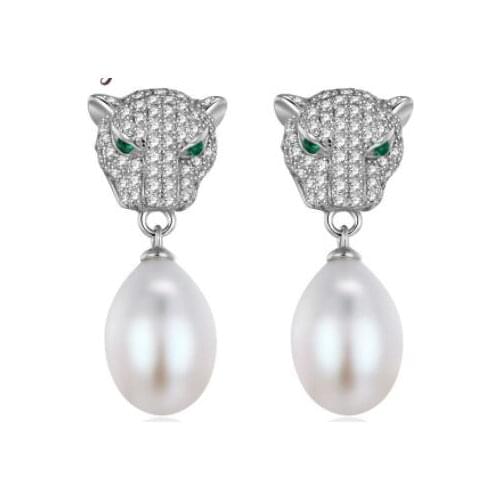 Wholesale Good Women Gift Word 9-10mm Freshwater Pearl 925 Sterling Leopard Stud Earrings Natural LEOPARD HEAD CLASP