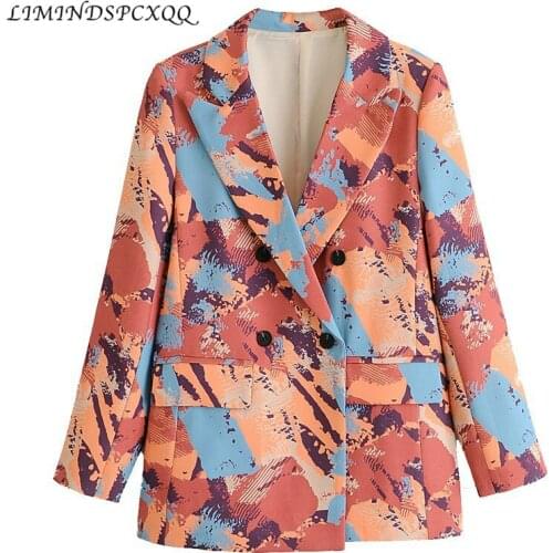 2020 Spring Autumn women vintage graffiti print blazer female double breasted long sleeve causal stylish outwear suit coat tops