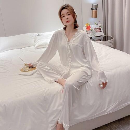 Woman Pajamas Set Long-Sleeve Trousers Two Pieces Sleepwear Spring Autumn Lace V-Neck Ice Faux Silk Elegant Solid Color Homewear