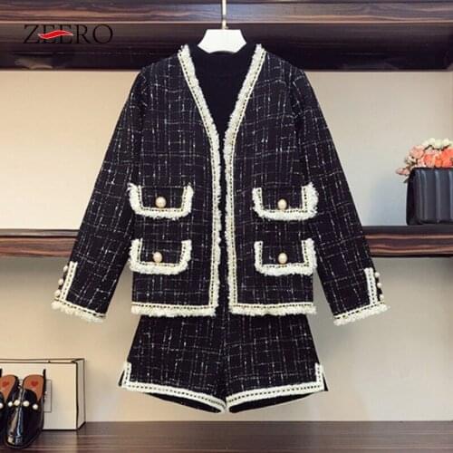 2020 Autumn 2 Piece Set Women Tweed Tassel Pearls Button Cropped Top Jacket + Shorts Set Suit Korean Winter Outfits Plus Size