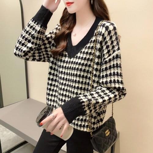 Womens Knitted Sweater Long Sleeve V-neck Pullover Sweaters Autumn Oversized Womens Jumper