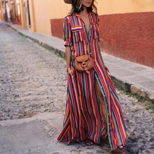 Women maxi dress striped retro boho style 2019 autumn long shirt dress party female elegant dress plus size XXXL
