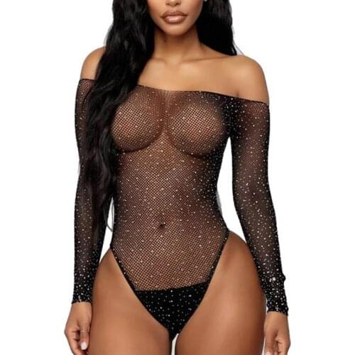 Long Sleeve Fishnet Bodysuit Feminina Women Off-the-shoulder Sexy Teddy Sleepwear Transparent Elastic Fetish Bodycon RS80877