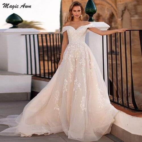 Magic Awn Modest Chamapgne Wedding Dresses 2021 Off The Shoulder Lace Appliques Bohemian Mariage Gowns Lace Up Back Customized
