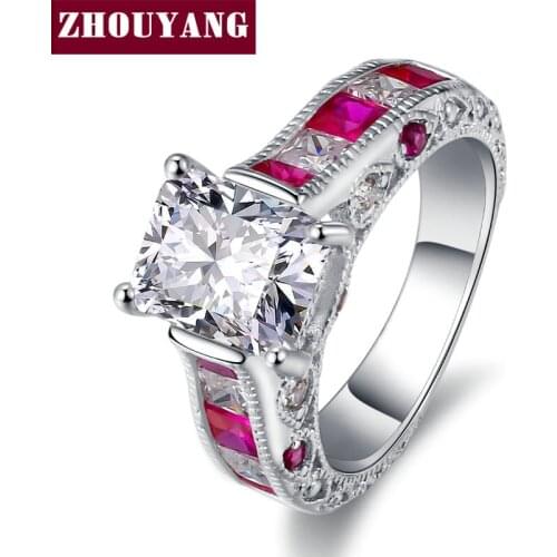 ZHOUYANG Ring For Women Square Cut AAA+ Clear & Red Crystal Cubic Zirconia Silver Color Birthday Gift Fashion Jewelry YG031