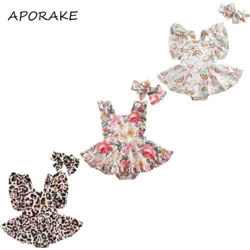2021 0-24M Summer Infant Baby Girl Playsuit Floral/Leopard/Rainbow Print Ruffle Short Sleeve Bow Jumpsuit Romper Cute Outfit