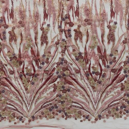 2021 Latest Gorgeous Pink Red Floral Applique Fabric Embroidery Beaded Sequins Lace Sewing Material For Wedding HY1429