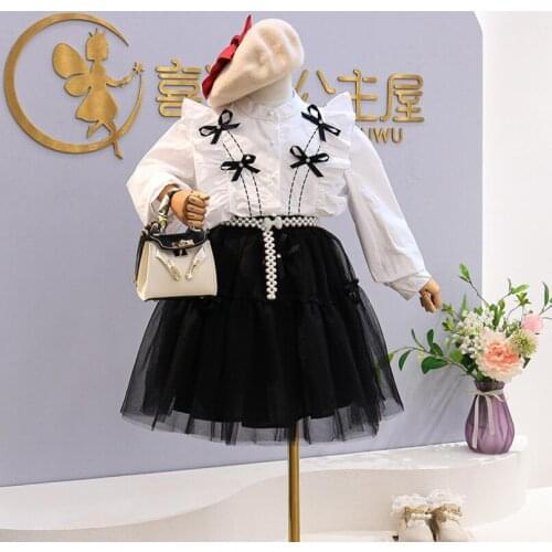 2021 Baby Girls Fall Fashion Sets, White Bow Blouse + Black Mesh Skirts 5 sets/lot, Wholesale, Free Shipping