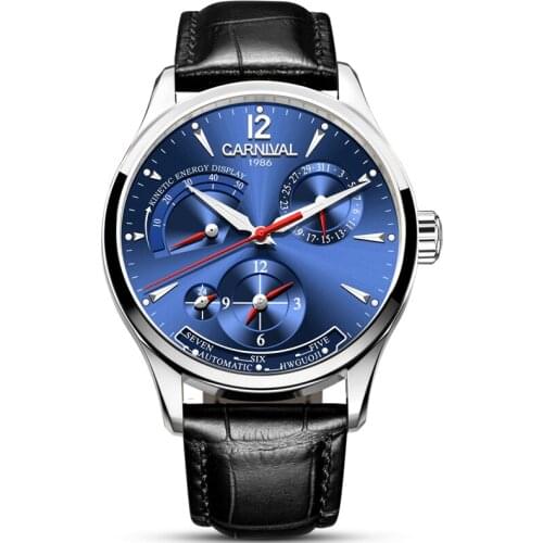Montre Homme CARNIVAL Blue Multifunction Automatic Watch Energy Display Calendar 24hours Waterproof Dual Time Zone Watch for Men