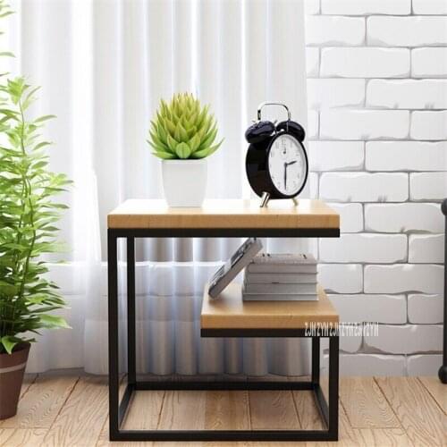 CTG6 Solid Wood Bedside Cupboard Double Layer lron Frame Nightstand Simple Creative Night Lamp Table Bedside Storage Locker