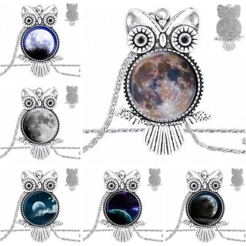 EJ Glaze For Girls Gift Glass Cabochon Pendant Necklace Owl Fashion Necklace Star Moon