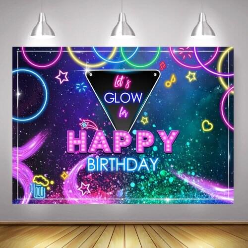 Lets Glow Happy Birthday Backdrop Photocall Cool Colorful Glitter Birthday Party Background Decor Neon Stars Photo Studio Props