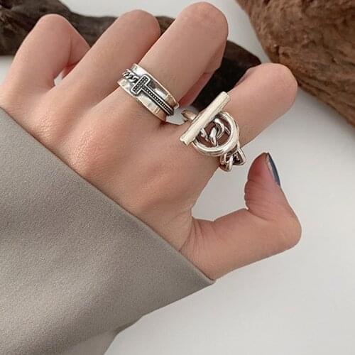 HUANZHI 2021 New Sliver Color Twist Weave OT Buckle Chain Metal Geometric Hollow Cross Rings Personality for Women Girls Jewelry