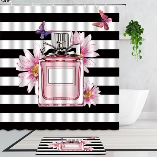 2Pcs Black White Striped Perfume Cosmetic Girl Fashion Shower Curtain Set Bathroom Waterproof Bath Curtains And Carpet Decor Rug
