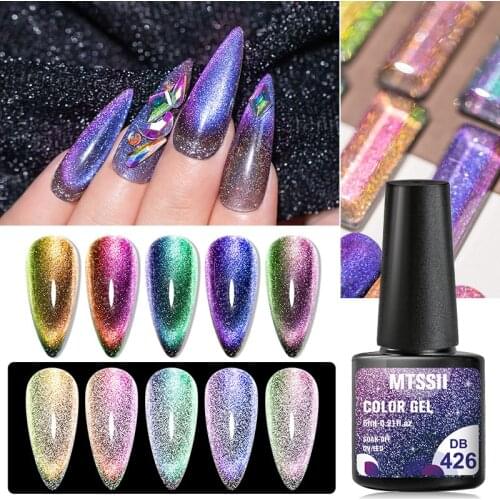 Mtssii 6ML Reflective Rainbow Cat Eye Gel Glitter Nail Polish Soak Off Magnetic UV Gel Sparkling Auroras Laser Nail Art