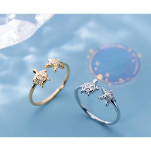 MloveAcc Authentic 925 Sterling Silver Sea Star and Turtle Open Size Finger Rings for Women Sterling Silver Jewelry