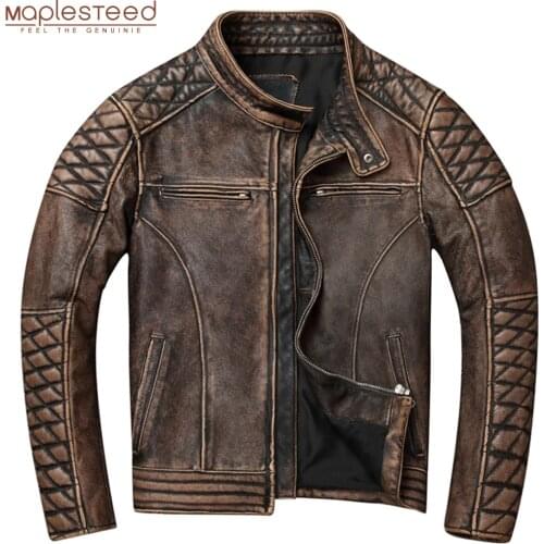 Vintage Men Leather Jacket Thick 100% Genuine Cowhide Biker Jacket Slim Fit Men Motorcycle Coat Autumn ASIAN SIZE S-5XL M419