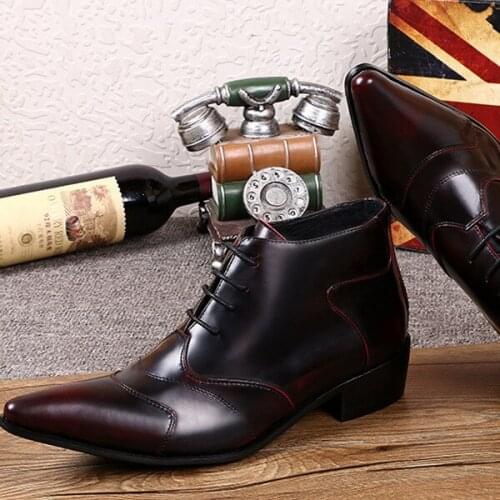 New Winter Casual Mens Classic Fashion Shoes High-heeled Personality Pointed Toe Cowhide Leather Retro Bright Leather Men Boots