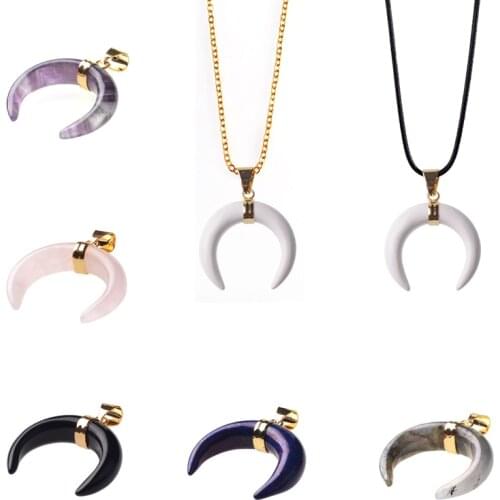 Reiki healing Natural Stone Horn Necklace Pendant Unique Fashion Crescent Moon Pendants Pave Zircon Rhinestone Crystal Beads